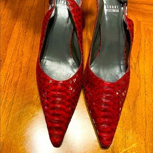 STUART WEITZMAN  Snakeskin Slingback Pumps. Deep Red, Pointed Toe, 9 1/2 M